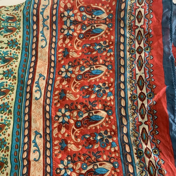 100% Silk Scarf Shawl Tassels Red Teal Ivory Floral Boho Global Artisan Wrap - Picture 9 of 14